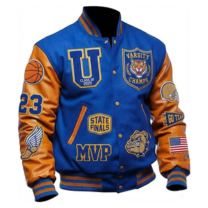 SHY SPORTS Blouson universitaire personnalisé OEM bleu roi avec manches en cuir doré, écusson tigre et multiples patchs, style Letterman, veste bomber - Product Image 1