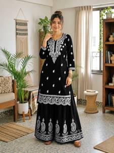 Conjunto de Kurta Sharara Bordado para Mujer, Ropa Étnica de Diseñador, Ropa de Fiesta, Traje Tradicional Indio Salwar con Bordado Blanco Intenso - Product Image 3