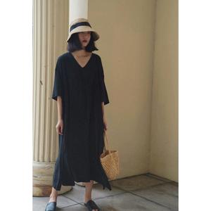 Women Black Plain Cotton Linen Maxi <b>Dress</b> With V-Neck <b>Loose</b> Fit 3/4 Sleeve Summer Casual <b>Dress</b> For Women - Product Image 1