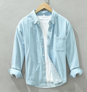 Camisa de Mezclilla para Hombre, Manga Larga, Cuello con Botones, Color Sólido, Casual, Transpirable, Corte Regular, Diseño con Bolsillos - Product Image 5