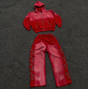 Survêtement zippé en molleton French Terry délavé au soleil pour homme, avec pantalon de survêtement personnalisé en molleton, effet délavé à l'acide et strass, pour la mode et les défilés - Product Image 1