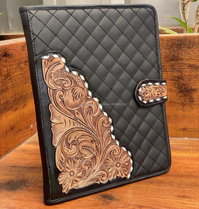 Custom A4 Size Hand Tooled Genuine Quilted Leather Business Padfolio High Quality Cowhide Leather Interview Zippered Ring Binder - Product Image 2
