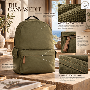 Mochila de Lona Verde Oliva con Bolsillo Frontal con Cremallera y Asa Superior |   Mochila clásica para el día a día con textura tejida y tiras laterales - Product Image 5