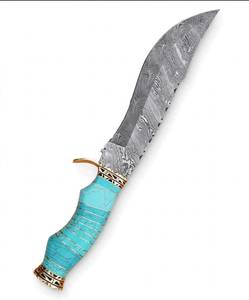 Cuchillo recurvo premium de hoja de damasco para camping, herramienta utilitaria de alta resistencia con mango de piedra turquesa y latón grabado. - Product Image 2