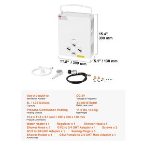 Scaldabagno Istantaneo Portatile a GPL da 5L per Camper, 34000 BTU, 1.32 GPM, Set Accessori Propano - Product Image 2