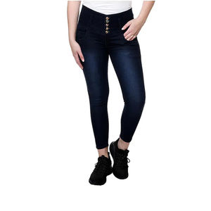 Jeans Ajustados de Cintura Alta con Múltiples Botones para Mujer, Pantalones de Mezclilla Elásticos de Corte Ajustado en Azul Oscuro, Pantalones de Largo Hasta el Tobillo - Product Image 4