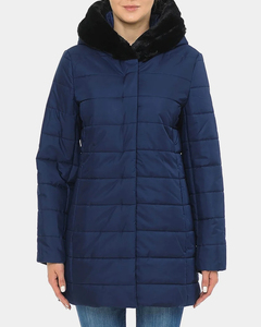 <b>Women's</b> <b>Navy</b> Blue Quilted Puffer Jacket with Faux Fur Hood Warm <b>Winter</b> <b>Coat</b> with Zipper Closure and Side Pockets - Product Image 2