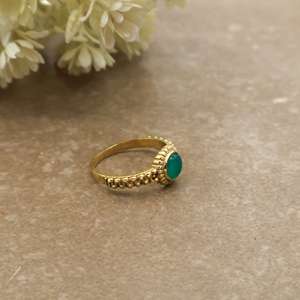 Vintage Green Onyx Statement <b>Ring</b> 18K Gold Plated Beaded Band Boho Ethnic Jewelry - Product Image 2