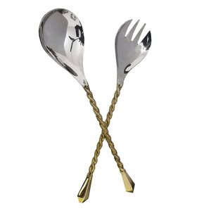 Brass Twisted Ribbed Handle Stainless Steel Salad Server Set for Home and Hotels Tabletop Salad Server Set of 2 Pcs - Product Image 1