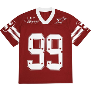 Camiseta de fútbol de malla con estampado personalizado, cuello en V, manga corta, roja y blanca, número 99, camiseta deportiva transpirable para hombres y adultos - Product Image 1