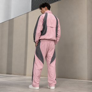 Men's <b>Pink</b> Gray Color Blocking Racer <b>Jacket</b> With Zipper Closure Sporty Loose Fit Stand Collar Breathable Spring Outerwear - Product Image 1