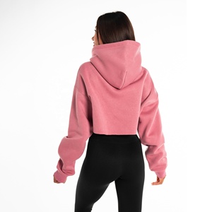 Sudadera con Capucha Corta Rosa de Último Diseño para Mujer, Talla Grande, Hombros Caídos, Forro Polar, Informal, Otoño, Color Sólido, Manga Larga - Product Image 2