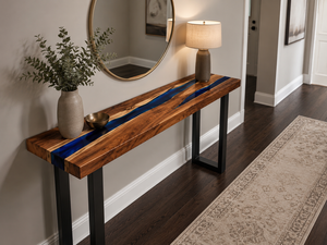 Table console rectangulaire en résine époxy bleue, bois d'acacia, bord naturel, meubles en noyer pour la maison ou l'extérieur - Product Image 1