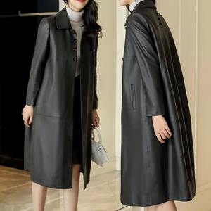 En stock chaqueta de cuero para mujer, abrigo suelto de piel de oveja, gabardina larga de cuero genuino, tops de ocio, primavera y otoño, - Product Image 6