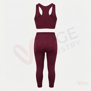 Conjunto de Yoga sin Costuras Color Borgoña para Mujer, 2 Piezas, Top Corto con Espalda Cruzada y Leggings de Cintura Alta - Product Image 2