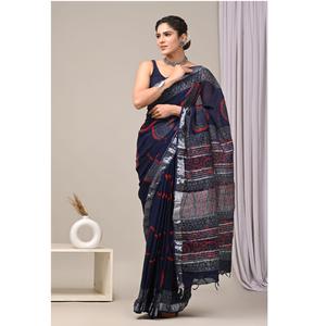 Sarees de lino estampado con blusa de lino, ideales para el verano, con tela transpirable y un elegante estampado, en grandes cantidades. - Product Image 4