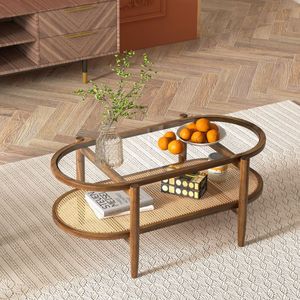 Tavolino d'Appoggio con Piano in Vetro Temperato e Struttura in Legno di Acacia Resistente, Tavolino Laterale a 2 Ripiani - Product Image 6