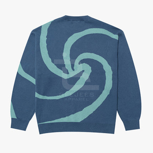 Suéter Unisex Azul Jacquard con Cuello Redondo, Patrón Geométrico Espiral Verde Bordado, Tejido Ecológico 100% Algodón - Product Image 2