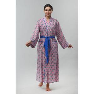 Pink Floral Printed <b>Long</b> Cotton <b>Kimono</b> <b>Robe</b> Blue Belt Drawstring V-Neck Full Sleeve Breathable Eco-Friendly Quick Dry Women's - Product Image 1