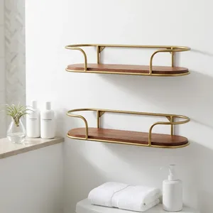 Brass Finish Metal Wall Shelf with Wooden Panel Decorative Floating Display <b>Rack</b> <b>Storage</b> Organizer for <b>Kitchen</b> Bathroom Entryway - Product Image 4
