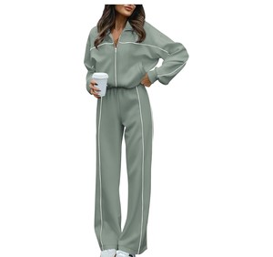 Ensemble de survêtement blanc pour femme, manches longues, fermeture éclair, coupe décontractée, couleur unie, respirant, en polyester, style printemps - Product Image 6