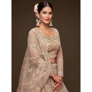 Sparkling Beige Embroidered <b>Net</b> Plus Size Lehenga Choli for Engagement - Product Image 6