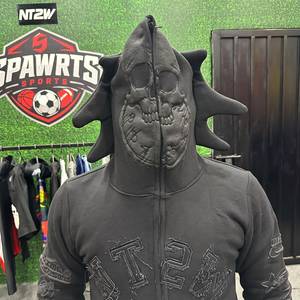 Sweat à capuche brodé crâne pour homme, fermeture éclair sur le devant, coupe oversize, streetwear, noir, polyester, tissu molletonné, automne - Product Image 3
