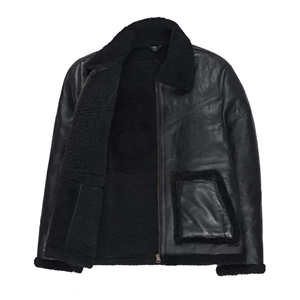 Veste en cuir noir pour homme avec col en fourrure noire, manteau aviateur en peau de mouton véritable, doublure en polaire chaude pour l'hiver - Product Image 2