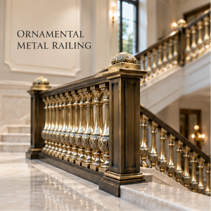 Sculpted Black and Gold Metal <b>Stair</b> Railing with Ornate Vase Balusters for Grand Villas Hotels and Interiors - Product Image 1