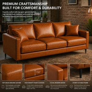Mid-Century Modern Genuine Cowhide Leather Sofa 3 Seater Brown Leather Couch <b>for</b> Modern Stylish Living Rooms Furniture - Product Image 4