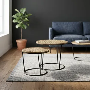 Modern Wood Top Nesting <b>Coffee</b> <b>Tables</b> Set Of 2 <b>Round</b> <b>Black</b> Metal Frame Living Room Furniture - Product Image 6