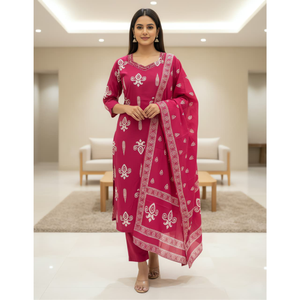 Ensemble trois pièces traditionnel indien Dhabu en coton imprimé pour femmes, dames et jeunes filles – Chemises de soirée – Qualité export mondiale - Product Image 3