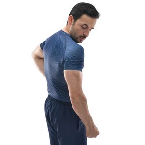 T-shirt de sport bleu marine pour homme, manches courtes, col rond, texture texturée, coupe ajustée, idéal pour la gym, l'entraînement, la course et les activités sportives. - Product Image 5