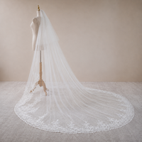 Voile de mariée exquis en tulle doux grande taille, long, style chapelle, avec bordure en dentelle festonnée, pour mariage en église, direct usine
