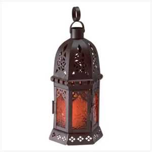 Tall hexagonal lantern ornate metalwork amber patterned glass panels domed <b>top</b> rustic farmhouse indoor outdoor candle lighting - Product Image 4