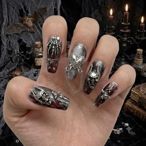 Charms en acrylique en forme de cercueil court chaîne interconnectée ongles en gel punk gothique foncé pré-conçu doigt aristocrate gothique - Product Image 4