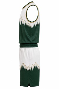 Ensemble de maillots de basket personnalisés sublimés, col en V, manches courtes, vert et blanc, anti-humidité, séchage rapide, taille élastique, 100% - Product Image 5