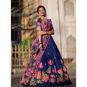 LEHENGA CHOLI DE ALGODÓN MUSLIM CON ESTAMPADO DE DISEÑO Y VOLANTES CON DUPATTRA AZUL - Product Image 1
