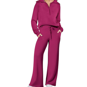 Wholesale Customized Fashionable Women's Casual Outfit Long Sleeve Zipper Sweatshirt & Wide Leg Pants Two Piece <b>Tracksuits</b> Set - Product Image 3
