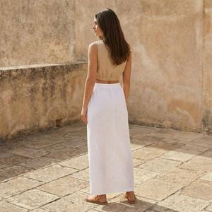 Women White <b>Linen</b> Vintage Breathable Tassel <b>Maxi</b> <b>Skirt</b> High Waist Drawstring Side Slit Summer Casual - Product Image 3