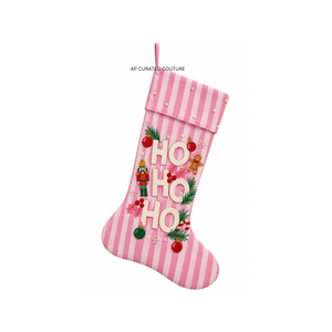 Pink <b>Striped</b> Embroidered Christmas <b>Stocking</b> with Ho Ho Ho Design Customized Seed Beaded Holiday Decoration Festive Christmas - Product Image 1