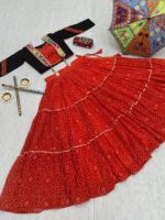 Lehenga Choli Georgette Bandhej avec veste en coton ornée de miroirs et de rubans, collection pour le festival Navratri