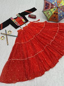 Georgette Bandhej Lehenga Choli With Mirror Work Cotton <b>Jacket</b> Ribbon Work Navratri Festival Wear Collection - Product Image 5