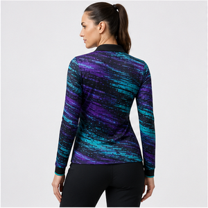 Custom Black <b>Purple</b> Teal Digital Glitch Womens Long Sleeve <b>Polo</b> <b>Shirt</b> Quick Dry Breathable Performance Uniform WPS-0769 - Product Image 3