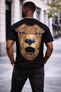 Camiseta Negra Oversize para Hombre, Estilo Veraniego, con Estampado de León con Pedrería, Algodón, Estilo Urbano, Corte Holgado, Logotipo Personalizado, Último Diseño - Product Image 5