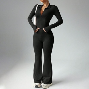 Hot Selling Custom Logo Women 2 Piece <b>Flare</b> <b>Leggings</b> Set Premium Nylon Spandex Breathable Zip Up Activewear Jacket Set - Product Image 1