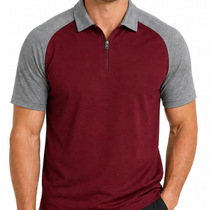 Polo pour homme en gros, à blocs de couleur, manches courtes, fermeture éclair, décontracté, bordeaux, gris clair, séchage rapide, coupe classique - Product Image 2