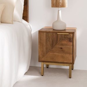 Table de chevet moderne en bois de manguier, armoire latérale en bois brun avec porte cannelée pour chambre à coucher et salon - Product Image 1
