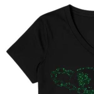 Camiseta con cuello en V y pedrería negra de Links Inc, camisa de algodón con logotipo bordado para mujer, colección Sacred Heart, top para mujer - Product Image 3