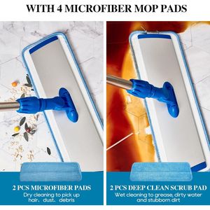 Mop Piatto in Microfibra 17.5 con Manico in Acciaio Inox 58 Blu per Pulizia Pavimenti 4 Cuscinetti Sostituibili Riutilizzabili e Lavabili - Product Image 3